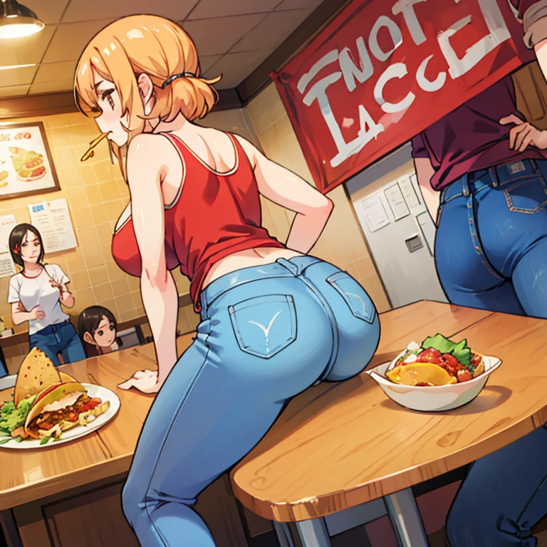 A woman in a tank top and slim jeans eating a taco at a taco shop　The cola is on the table　Large Breasts　Big Ass