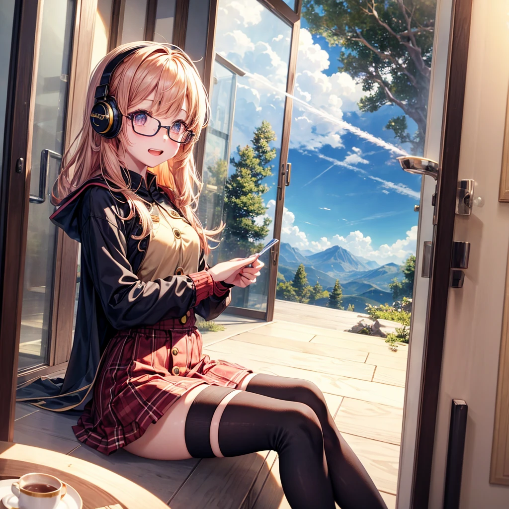 Pink gold golden hair、Golden Eyes、One good looking girl、solo、anime、Checkered mini skirt、The skirt has buttons、Red T-shirt、Long sleeve、China、Cape、Black knee-high socks、Wearing headphones、Wearing a ribbon、Ribbon on waist、Tilting face、Teeth are visible、Sunset sky、The rocks are exploding、Snow is piled up、Rocky Mountain、The clouds are breaking through、Contrail、Glasses、Behind him is a giant World Tree piercing the clouds.、Sitting、Automatic door、Burning Teacup