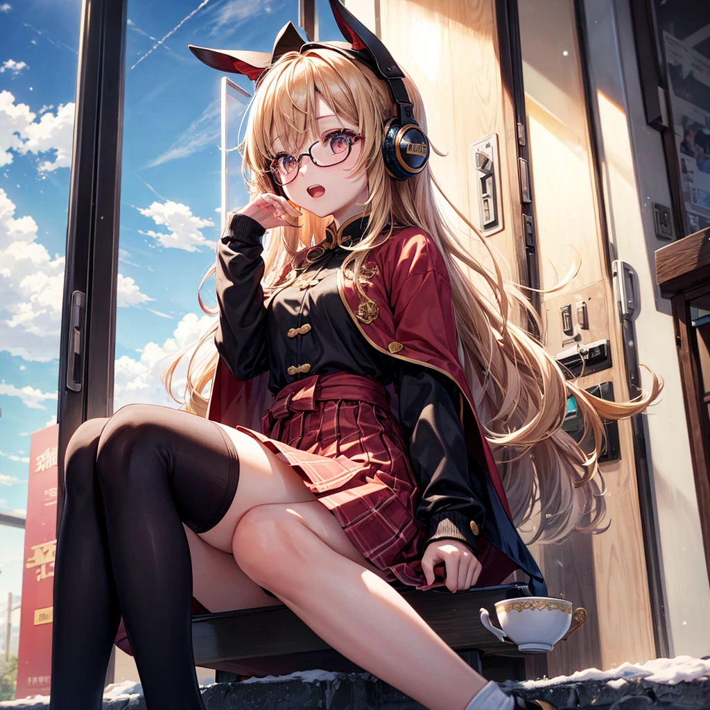 Pink gold golden hair、Golden Eyes、One good looking girl、solo、anime、Checkered mini skirt、The skirt has buttons、Red T-shirt、Long sleeve、China、Cape、Black knee-high socks、Wearing headphones、Wearing a ribbon、Ribbon on waist、Tilting face、Teeth are visible、Sunset sky、The rocks are exploding、Snow is piled up、Rocky Mountain、The clouds are breaking through、Contrail、Glasses、Behind him is a giant World Tree piercing the clouds.、Sitting、Automatic door、Burning Teacup