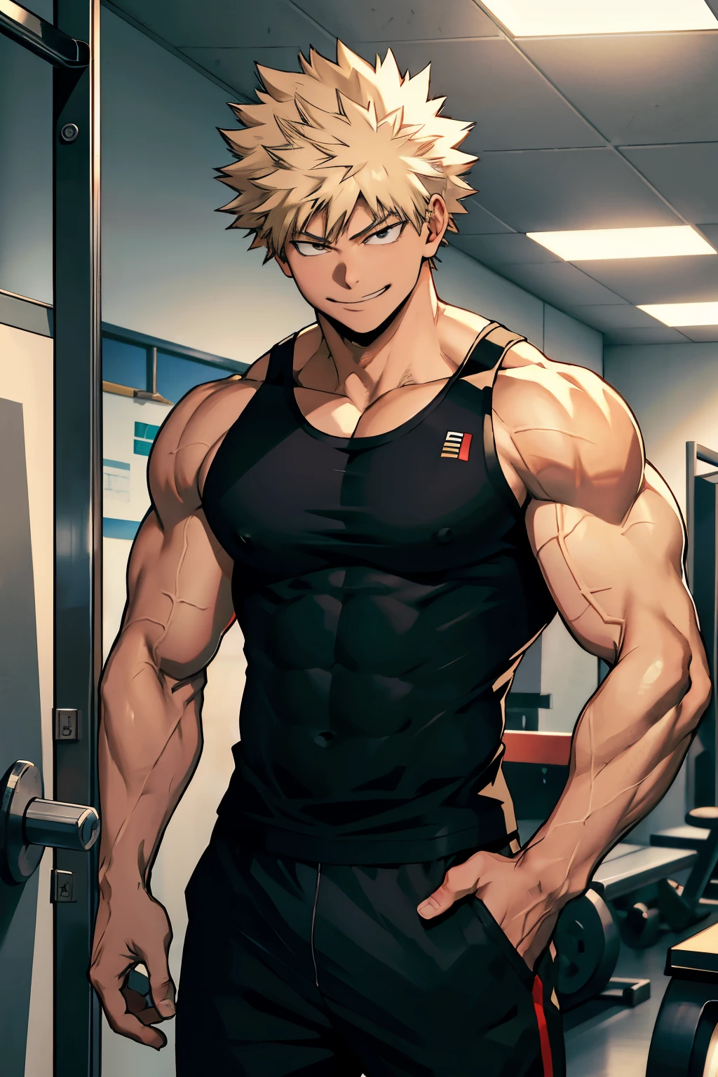 Katsuki Bakugo from Boku No Hero Academia, wearing black gym pants and black tank top, smug smile, bodybuilder, defined body, abs, big muscles