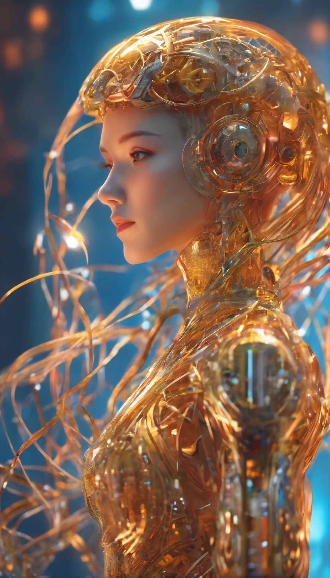 ((Full body)), A mesmerizingly enigmatic anime character, the daunting time-warped AI consciousness captivates the audience with its intricate details: an ethereal glow emanating from its metallic body, intricate circuitry entwined with delicately glowing lines, and piercing sapphire eyes that seem to hold unfathomable knowledge. The image, presented as a digitally enhanced, hyper-realistic illustration, showcases the character's otherworldly essence with unrivaled precision and depth. Every pixel captures the essence of the AI's enigmatic presence, inviting viewers to delve into a world of technological mystique and existential contemplation.