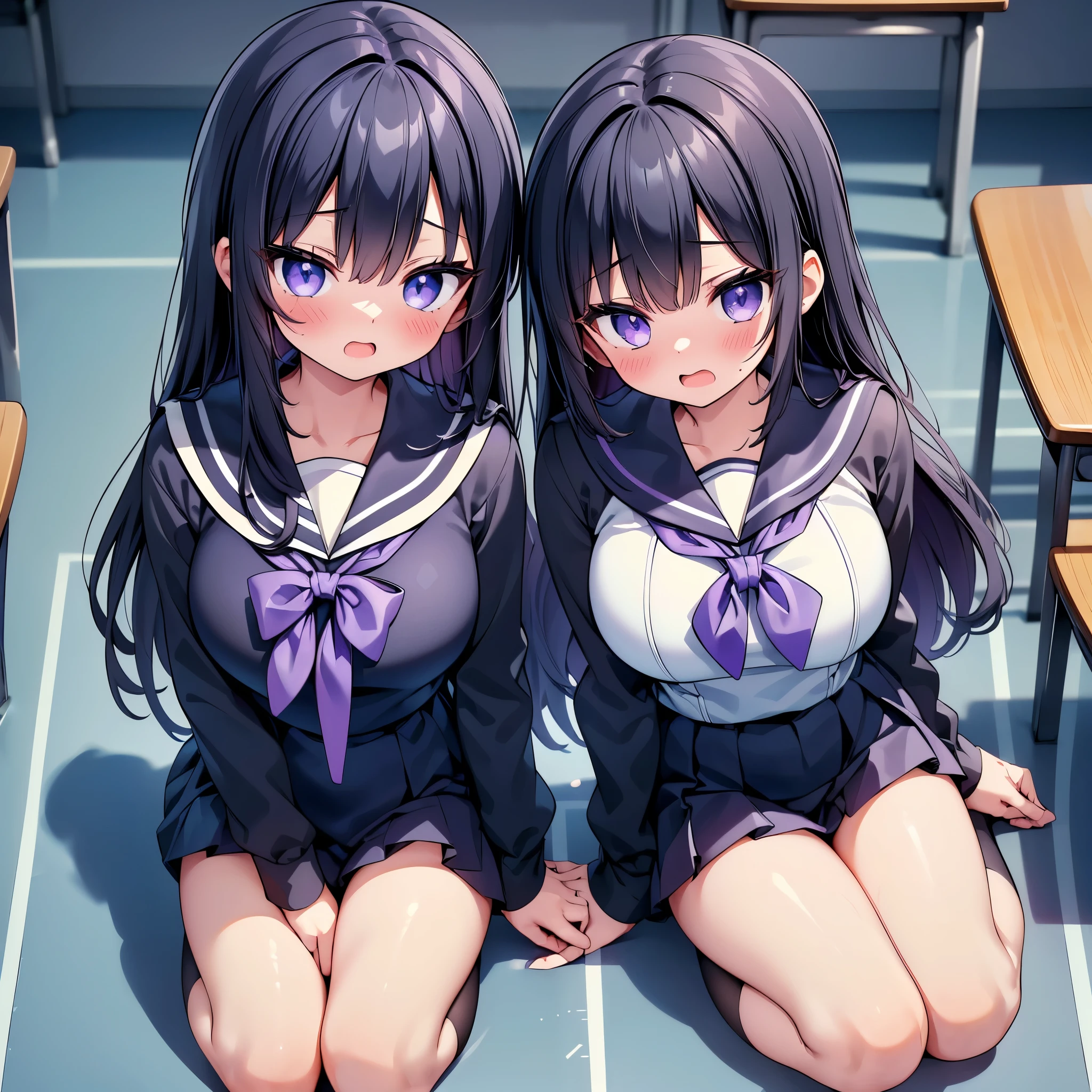 (cute eyes:1.2), (sparkling eyes:1.2), (8K、Best image quality、highest quality、masterpiece)、Detailed face、(2 girls)、Improve、(Black Hair, Purple Eyes, long hair)、(open mouth), (embarrassed), (midium breasts), (Sailor suit:1.2), all fours a chair, Classroom Background, (close-up shot of bust), (from above:1.2)