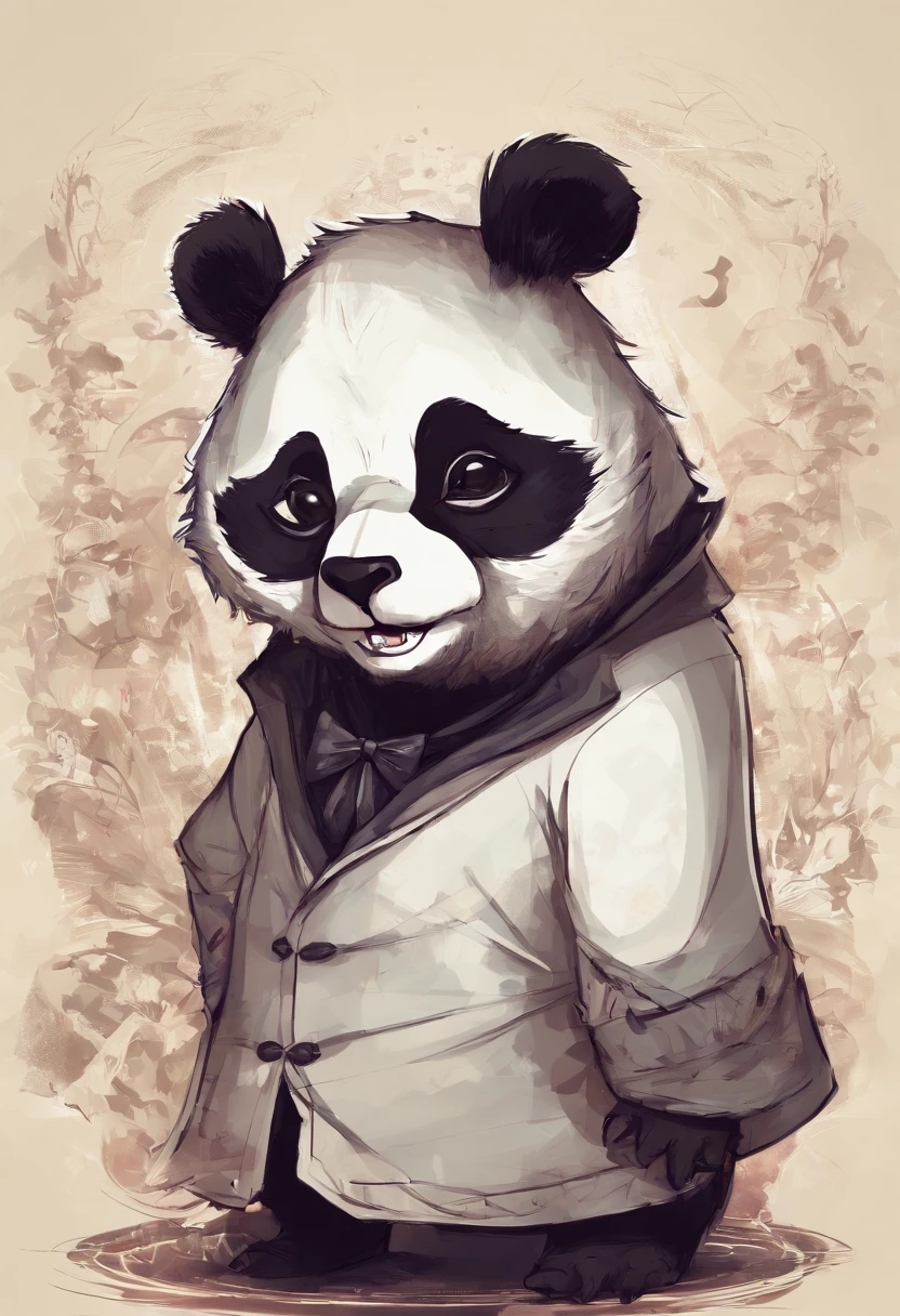 anthropomorphic panda, de cuerpo entero, vestido formalmente con un blazer, sostiene una bandeja, pegatina de panda, sticker de panda.