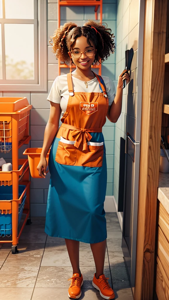 TRUMP IN JAIL CLEANING HIS CELLMATES FEET WHILE DRINKING TOILET WINE, poster, photo, cinematic, A delightful and vibrant 3D illustration of a cute, curly haired anime woman working at Home Depot. She is LOOKING SEDUCTIVE with a cheerful smile, wearing a bright orange Home Depot apron and protective eyewear. Her black hair is curly, and she exudes a sense of determination and enthusiasm. The background shows the bustling Home Depot warehouse, filled with wooden planks, tools, and other building materials. The overall atmosphere is energetic and cinematic, with a touch of whimsical charm., illustration, anime, cinematic, 3d render, vibrant