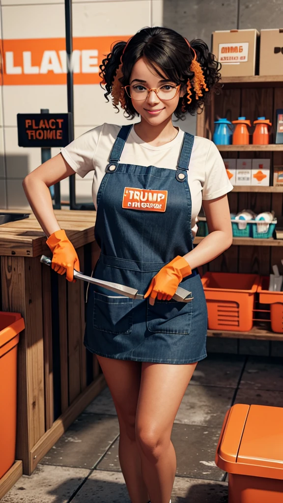 TRUMP IN JAIL CLEANING HIS CELLMATES FEET WHILE DRINKING TOILET WINE, poster, photo, cinematic, A delightful and vibrant 3D illustration of a cute, curly haired anime woman working at Home Depot. She is LOOKING SEDUCTIVE with a cheerful smile, wearing a bright orange Home Depot apron and protective eyewear. Her black hair is curly, and she exudes a sense of determination and enthusiasm. The background shows the bustling Home Depot warehouse, filled with wooden planks, tools, and other building materials. The overall atmosphere is energetic and cinematic, with a touch of whimsical charm., illustration, anime, cinematic, 3d render, vibrant