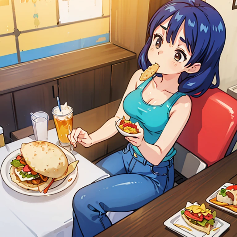 A woman in a tank top and slim jeans eating a taco at a taco shop　The cola is on the table　Large Breasts　Big Ass