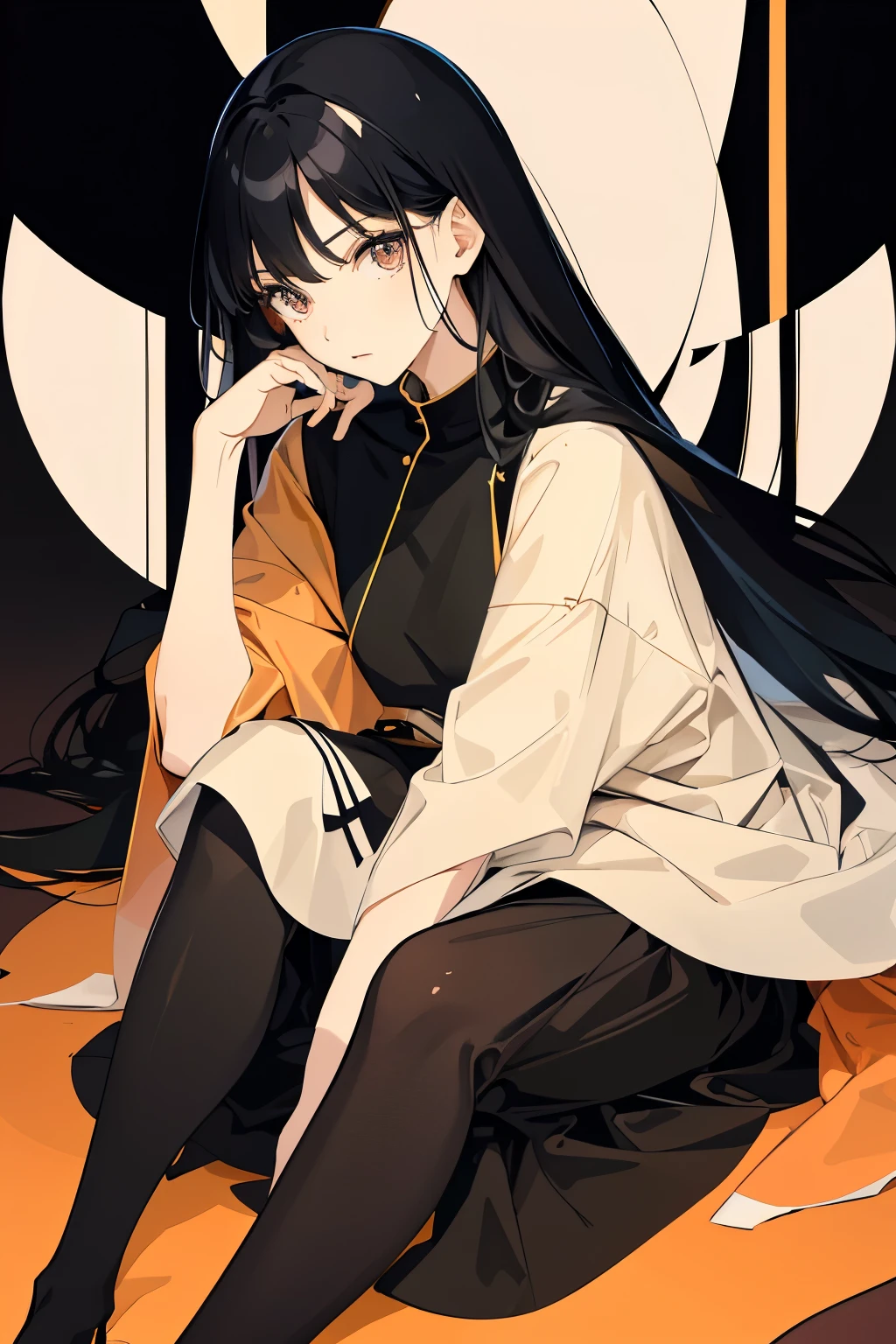(flat color:1.1),(masterpiece:1.2), original, medium length straight black hair, peach-colored eyes, mature girl
