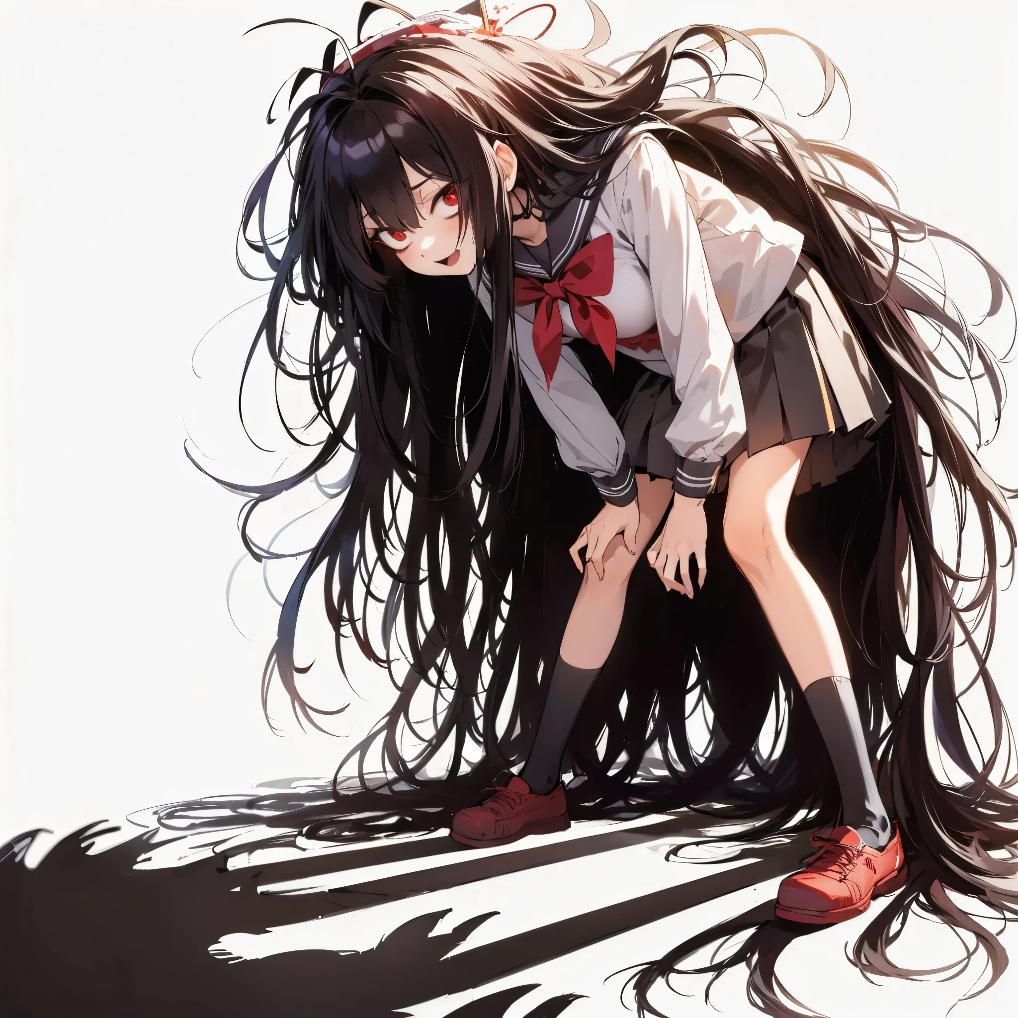 
(masterpiece, Best Quality), (detailed hairs), Ultra-detailed, Anime style, Full body, Solo, Tall hunched posture girl, in simple school outfit and wide-mouthed hat, very long shaggy black hair, Eyes blazing with hellfire, wearing red shoes, shadows form the great jaws of the beast, standing in wasted school, 8k high resolution, white background, whole body,
