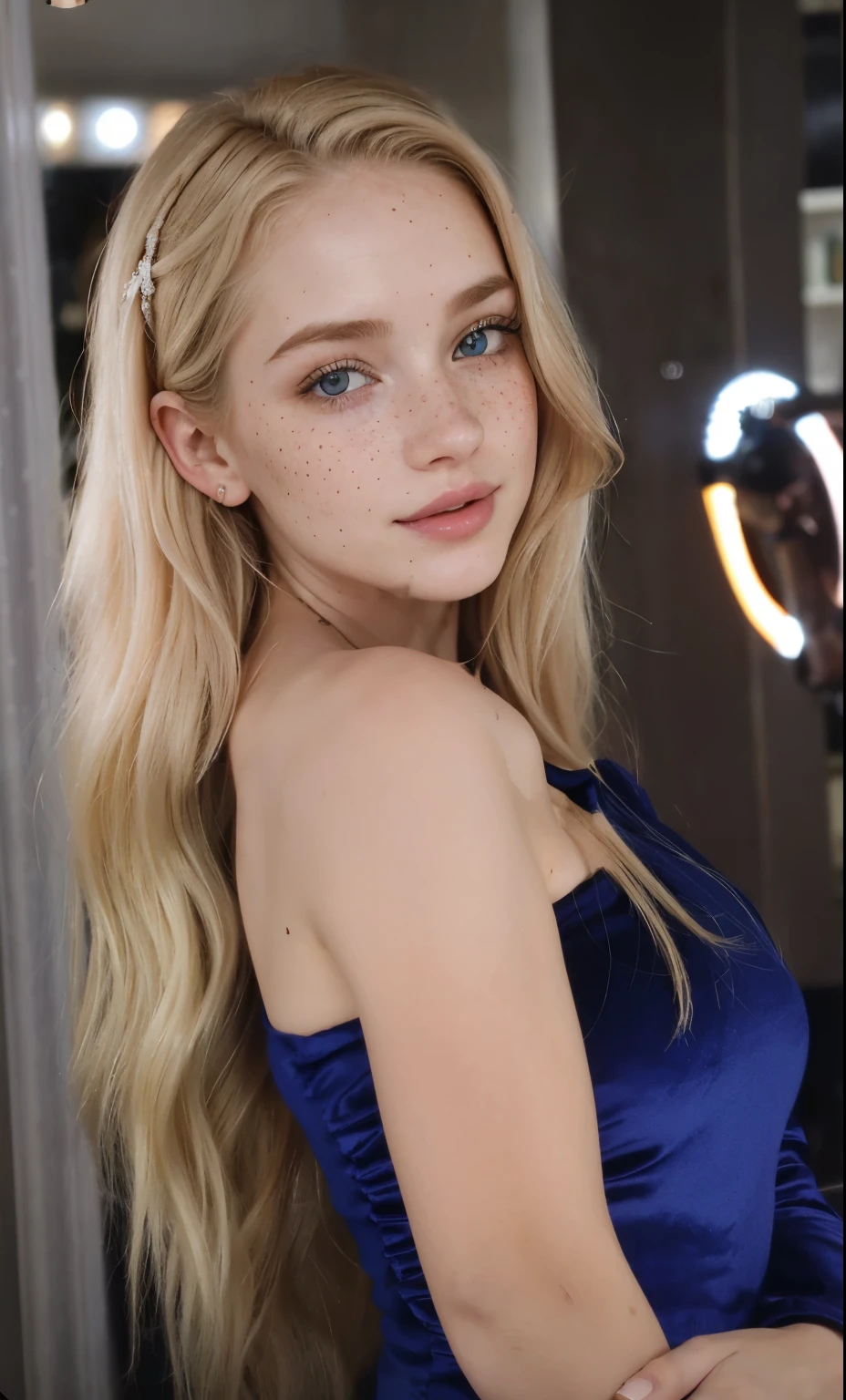 mulher, americana, 25 anos, pale skin and freckles, olhos cinzas, nariz delicado, soft and delicate lips, longo, cabelo blondie longo e ondulado na altura da cintura, sorriso meigo, face with delicate feminine facial features, altamente renderizado