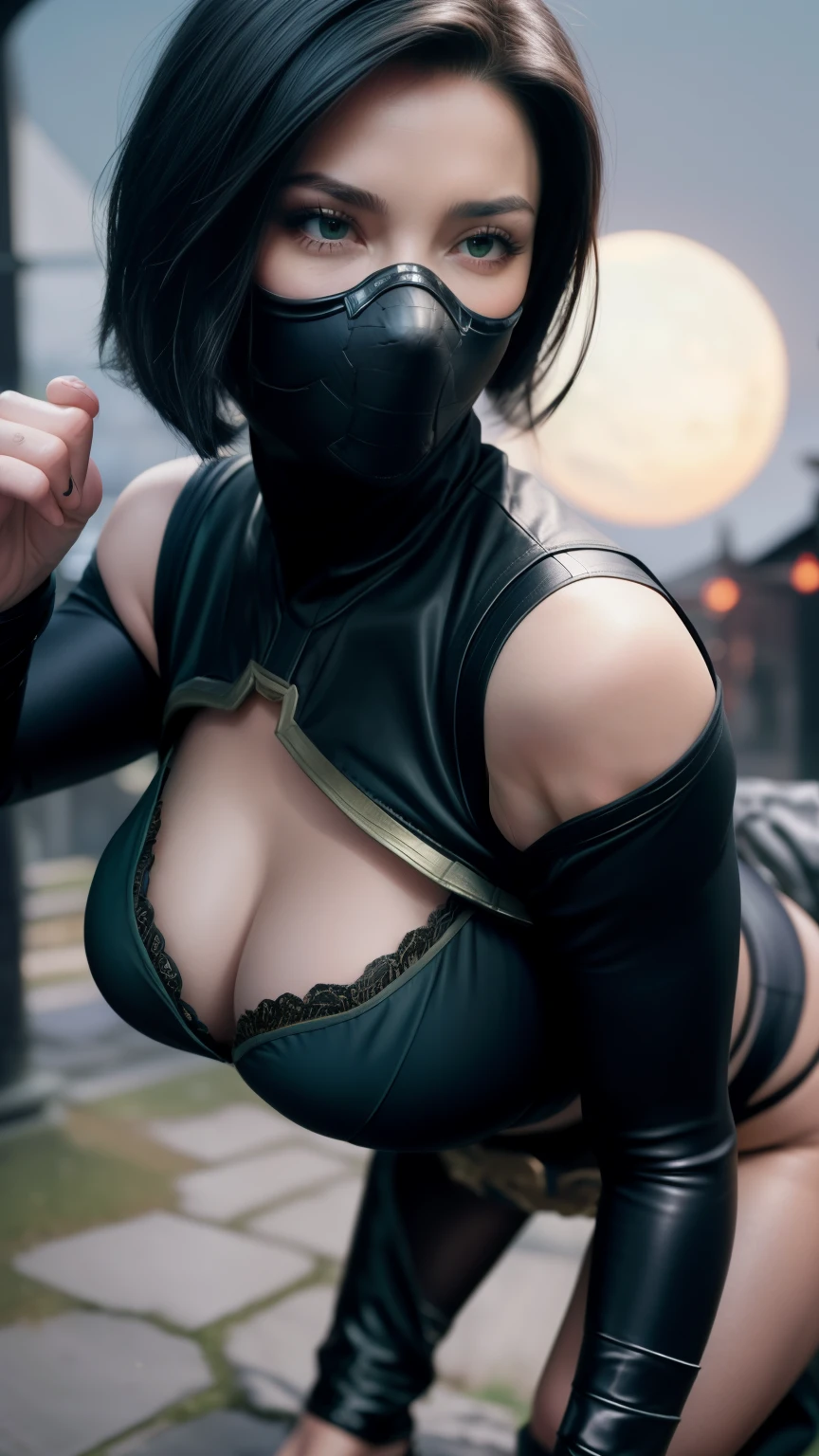 (High quality photo, ultra realistic, ultra hd, 8k, great lighting on the character, character from the game MORTAL KOMBAT), (Mileena) super beautiful with her tight, sexy costume, photo taken up close, close-up of her beautiful face, normal hands, detailed fingers, masterpiece, perfect girl, (realistic 8k, photo-realistic: 1.37), realistic detailed, 1girl, sexy beautiful hair:1.5, short black hair:1.2, green eyes:1.5, erotic, semi-nude , bright eyes, ((mortal kombat mileena)), ninja, weapons, kimono, sexy warrior dress, ((mortal kombat)), long breasts, large hanging breasts, (gigantic breasts), the erotic costume focuses on your sexy body , slim body, wide hips, fighting pose, serene look, temple, meditation, Ninja Mask, I covered his mouth, eyes to the sky, (sexy micro panties, (vendor foot), micro panties tucked into the private parts, sexy costume ), mask in a hurry, reflection, the background shows the moonlight, moon, cherry blossom, swords, hot erotic body, clothes glued to the body,