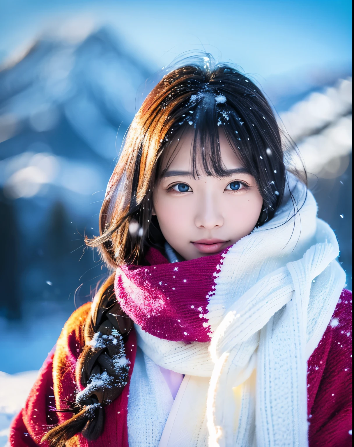 (highest quality, 8k, High resolution, masterpiece:1.5, ), Beautiful Japanese Girl, Snow Girl, 20-year-old, Perfect Human Anatomy, Big magic eye, Serious expression, Detail of windblown black hair, Long hair that shines like the aurora, Asymmetrical bangs, Smooth and soft white skin, ((White kimono)), High-quality fabric, (Colorful glowing snow effect:1.3), ((Snowy mountains in a blizzard)), Professional Lighting, Professional Photographer, Professional Model