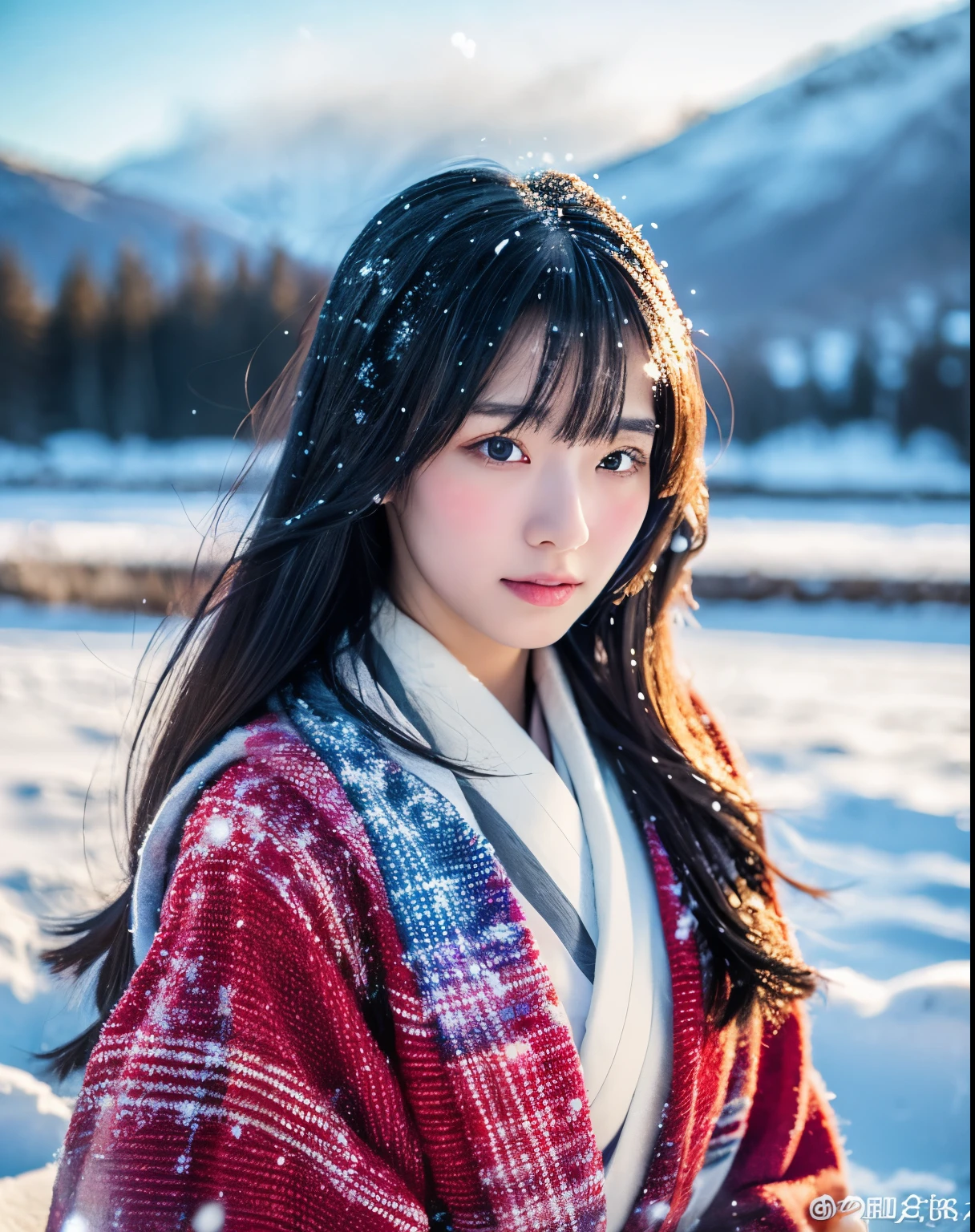 (highest quality, 8k, High resolution, masterpiece:1.5, ), Beautiful Japanese Girl, Snow Girl, 20-year-old, Perfect Human Anatomy, Big magic eye, Serious expression, Detail of windblown black hair, Long hair that shines like the aurora, Asymmetrical bangs, Smooth and soft white skin, ((White kimono)), High-quality fabric, (Colorful glowing snow effect:1.3), ((Snowy mountains in a blizzard)), Professional Lighting, Professional Photographer, Professional Model