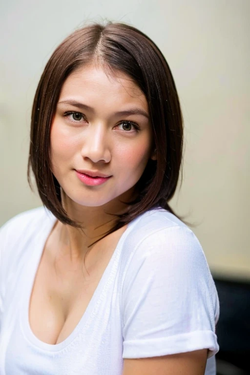 best quality, ultra high res, (photorealistic:1.4), 1girl, solo, closed mouth, white shirt, upper body, small breast, ample cleavage, black eyes, lips, realistic (high detailed skin:1.2), 8k uhd, dslr, soft lighting, high quality, ((film grain)), ((short hair)), 
