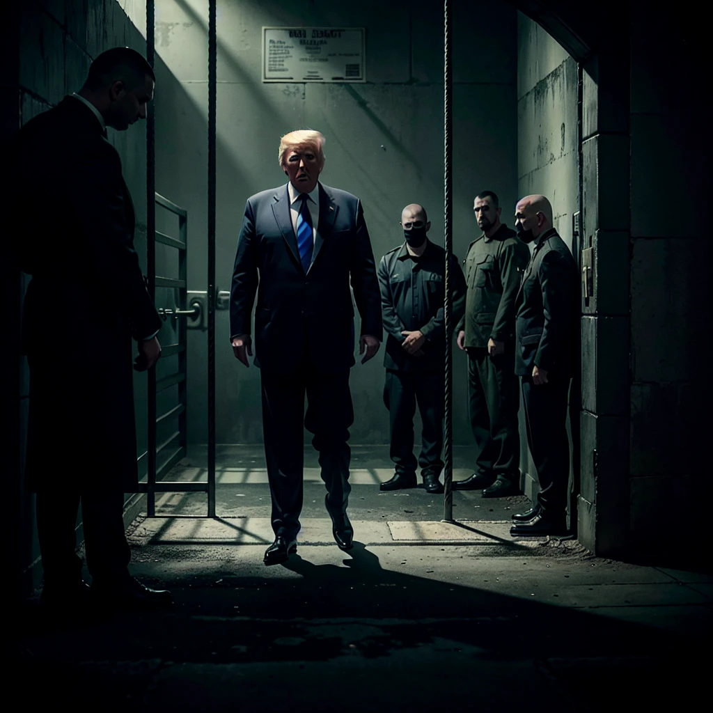 TRUMP IS CRYING IN JAIL AS 3 MEN CIRCLE HIM, IN DANGER, poster, photo, cinematic, A powerful, cinematic poster featuring a dramatic image of a crying Donald Trump in a prison cell. He is surrounded by three intimidating, faceless men wearing dark clothing, their faces obscured by shadows. The atmosphere is tense, with a sense of danger and unease. The background is a grim, industrial prison setting, with dim lighting casting eerie shadows on the walls. The overall mood of the image is dark and foreboding, invoking a sense of impending doom., photo, poster, cinematic