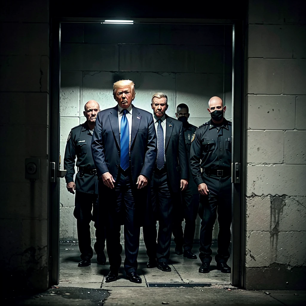 TRUMP IS CRYING IN JAIL AS 3 MEN CIRCLE HIM, IN DANGER, poster, photo, cinematic, A powerful, cinematic poster featuring a dramatic image of a crying Donald Trump in a prison cell. He is surrounded by three intimidating, faceless men wearing dark clothing, their faces obscured by shadows. The atmosphere is tense, with a sense of danger and unease. The background is a grim, industrial prison setting, with dim lighting casting eerie shadows on the walls. The overall mood of the image is dark and foreboding, invoking a sense of impending doom., photo, poster, cinematic