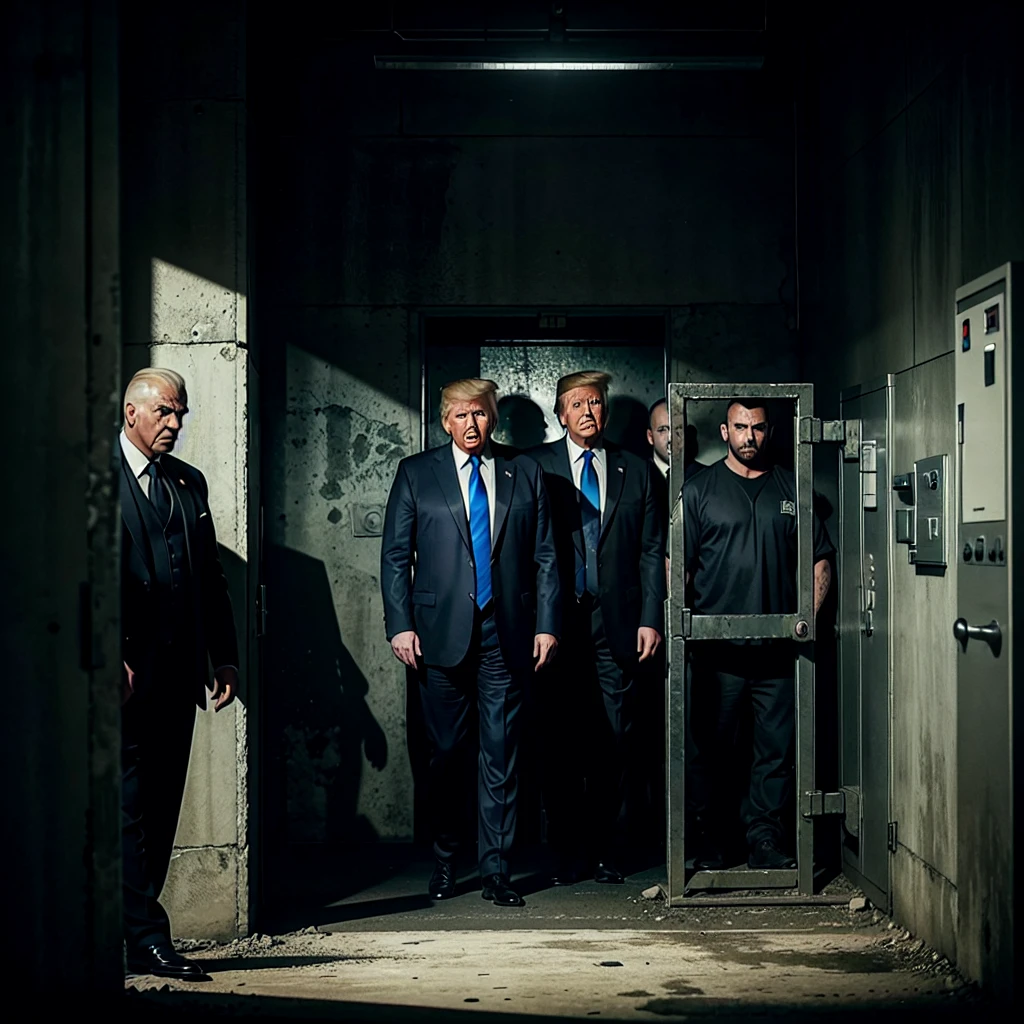 TRUMP IS CRYING IN JAIL AS 3 MEN CIRCLE HIM, IN DANGER, poster, photo, cinematic, A powerful, cinematic poster featuring a dramatic image of a crying Donald Trump in a prison cell. He is surrounded by three intimidating, faceless men wearing dark clothing, their faces obscured by shadows. The atmosphere is tense, with a sense of danger and unease. The background is a grim, industrial prison setting, with dim lighting casting eerie shadows on the walls. The overall mood of the image is dark and foreboding, invoking a sense of impending doom., photo, poster, cinematic