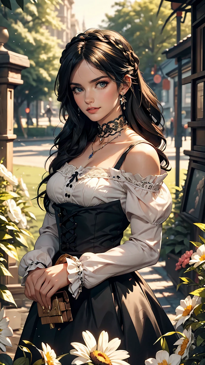 (masterpiece:1.2), (highest quality:1.2), Perfect Eyes, Perfect Face, Perfect lighting, One girl, Mature goth girl woman standing with hands out in front of her, Long Hair, Complicated hairstyle, compensate, Black Lips, Thick eyelashes, sad, melancholy, Dressed as a goth girl, Black and white dress, Frills, ribbon, Puffy sleeves, Exposing shoulders, Lace choker, jewelry, peaceful, quiet, Chill, Detailed outdoor background, Beautiful Landscape, Fantasy, summer, sunny, Sunburned, Flowers, wood  