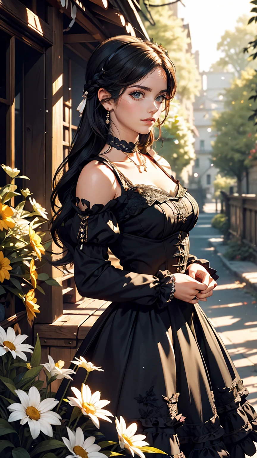 (masterpiece:1.2), (highest quality:1.2), Perfect Eyes, Perfect Face, Perfect lighting, One girl, Mature goth girl woman standing with hands out in front of her, Long Hair, Complicated hairstyle, compensate, Black Lips, Thick eyelashes, sad, melancholy, Dressed as a goth girl, Black and white dress, Frills, ribbon, Puffy sleeves, Exposing shoulders, Lace choker, jewelry, peaceful, quiet, Chill, Detailed outdoor background, Beautiful Landscape, Fantasy, summer, sunny, Sunburned, Flowers, wood