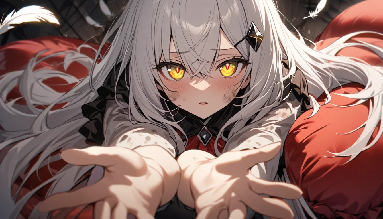 A woman, flowing white hair, melancholy eyes, yellow pupils, black diamond-shaped hairpin, A woman is cutting up a super huge red silk cushion in a dirty way. Tiny feathers are dancing. incoming hug, pov, reaching, reaching towards viewer, looking at viewer,
