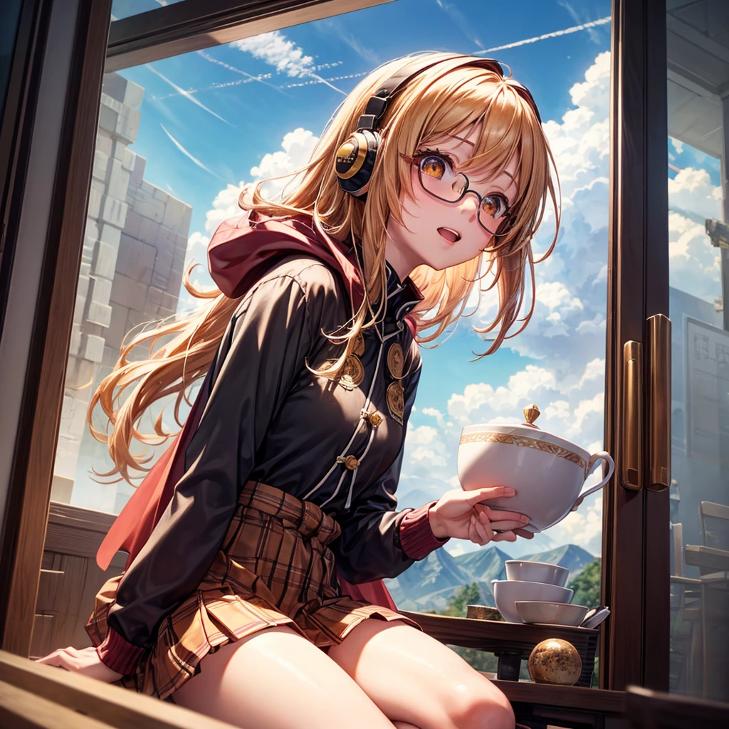 Pink gold golden hair、Golden Eyes、One good looking girl、solo、anime、Checkered mini skirt、The skirt has buttons、Red T-shirt、Long sleeve、China、Cape、Black knee-high socks、Wearing headphones、Wearing a ribbon、Ribbon on waist、Tilting face、Teeth are visible、Sunset sky、The rocks are exploding、Snow is piled up、Rocky Mountain、The clouds are breaking through、Contrail、Glasses、Behind him is a giant World Tree piercing the clouds.、Sitting、Automatic door、Burning Teacup
