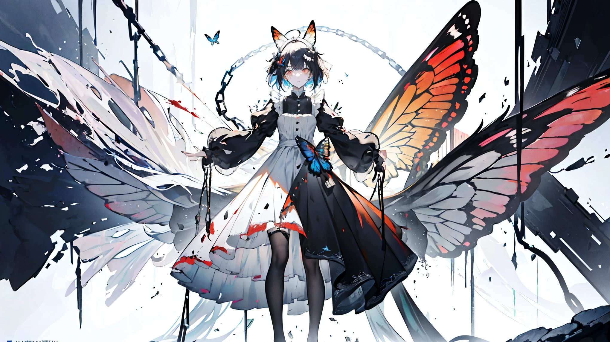 (Super detailed)),((illustration)),((masterpiece)),(((need))),((Beautifully、最高品质 CG Unity 8K 壁纸masterpiece),((4k,masterpiece,best quality)),((Super detailed)),((illustration)),((masterpiece)),(((need))),((Beautiful and delicate eyes)),Adult woman with orange hair,Colored eyes,Animal ears,Black stockings,Hands and neck tied with chains,Black and white maid outfit,Dress appropriately,Ankle chained,Hair hanging down,The whole body is drenched by rain,Standing in the center,Hallucination background,Hands hung by red chains,Miserable white skin,Blood on the face,Hot red chain,Butterfly swarms,Psychedelic Butterfly,barefoot,There are wounds on the body,Full body picture