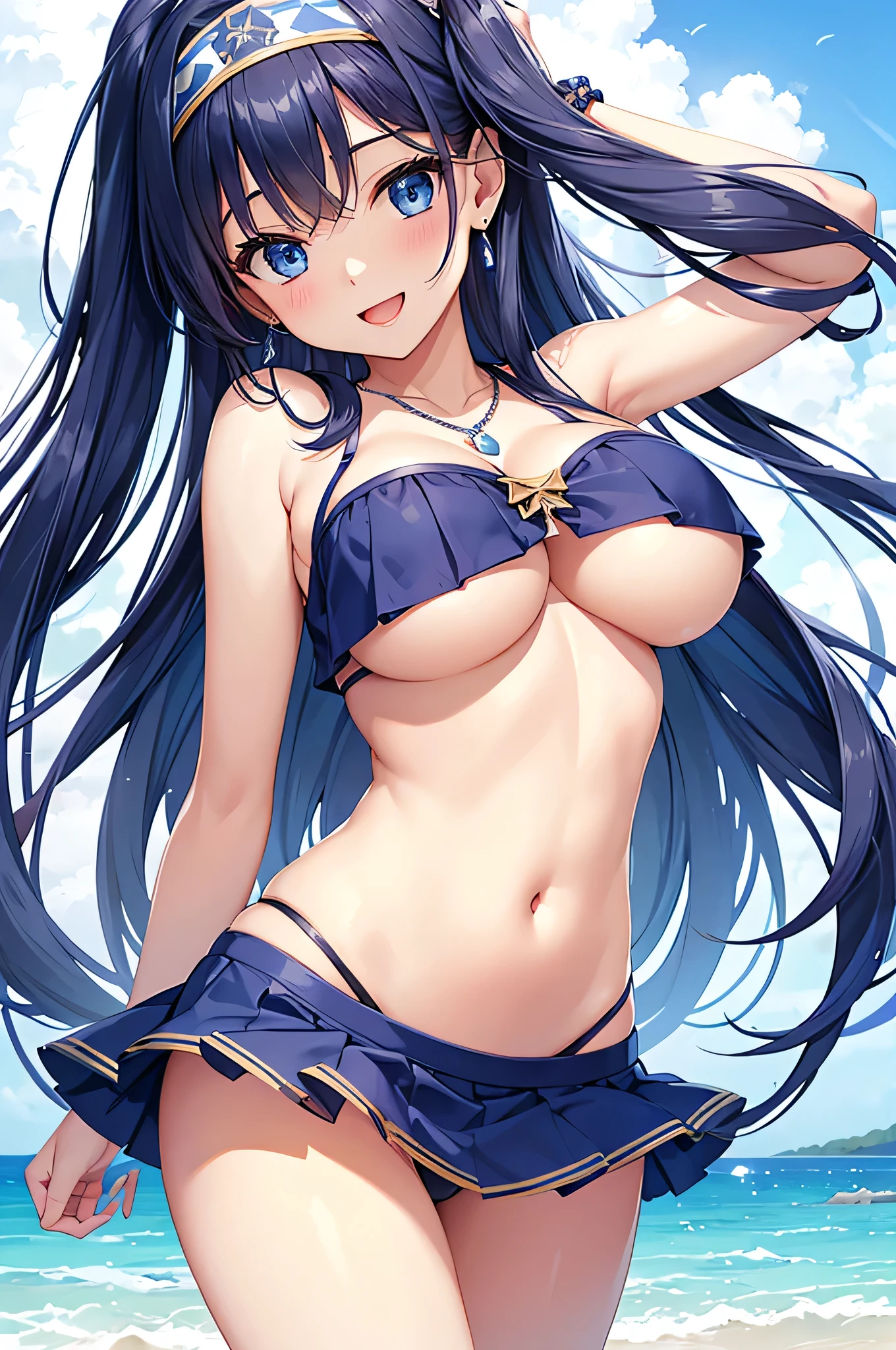 highest quality、Best image quality、masterpiece、beautiful girl、Navy blue long hair、blue eyes、Navy Blue Bikini、Big cleavage、(Big Breasts)、smile、blue necklace、Blue Earrings、background(Beach)、Sexy pose、Please open your mouth wide、Navy Blue Skirt、White headband、Dynamic Angle