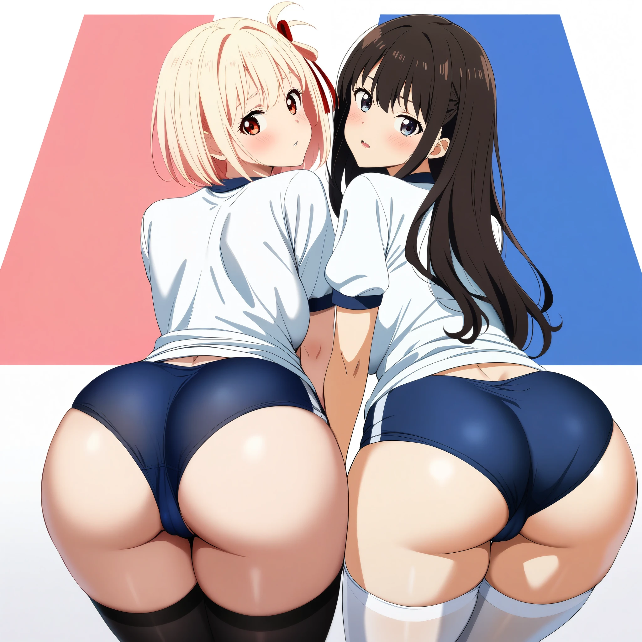 2girls, nishikigi chisato, inoue takina, lycoris recoil, couple, perfect anatomy, symmetry, from behind, all fours, navyblue buruma, fullback buruma, gym uniform, white t-shirts, thighhighs, huge breasts, big ass, looking at viewer, shy, blush, masterpiece, best quality, very aesthetic, absurdres, anime,