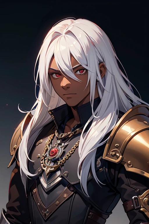 ((best quality)), ((masterpiece)), (detailed), ((boy)), (steampunk), human, upper body, portrait, red eyes, long white hair, Xemnas from Kingdom Hearts, half-drow, dark skinned, (full knight armor), paladin