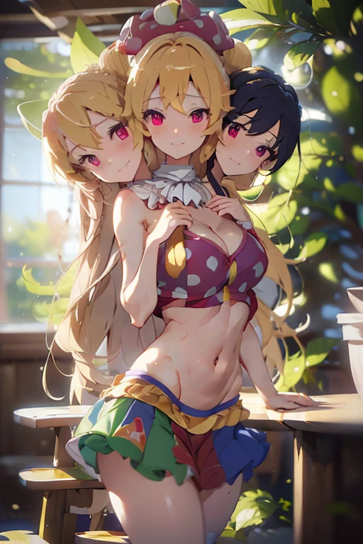 (masterpiece, best quality), best quality, (ultra-detailed), (3heads:1.5), 1girl, (ultra-detailed), (3heads:1.5), 1girl, (clownpiece:1.3), masterpiece, best quality, ultra quality, ultra resolution, ultra detail, red and blue top, crop top, ((stomach)), midriff, ((groin)), red and blue skirt, normal ears, shackles, blonde hair, very long hair, wavy hair, sidelocks, pink eyes, parted lips, blonde, sweat, cute, toned belly, hand on own chest, eyelashes, (24 year old woman:1.3), (masterpiece:1.5), (best quality:1.5), (beautiful detailed), extremely detailed CG, extremely delicate and beautiful, depth of field, (finely detailed face), (perfect details:1.2), (mature female:1.3), wide pelvis, slender, large veiny breast, 16k resolution, highres, very high quality, very high definition, extremely detailed, masterpiece, blonde hair, long hair, alluring presence, braid, short skirt, close up, big tits, young, purple, polka-dotted jester's hat, fairy wings, torch, nsfw, open belly,