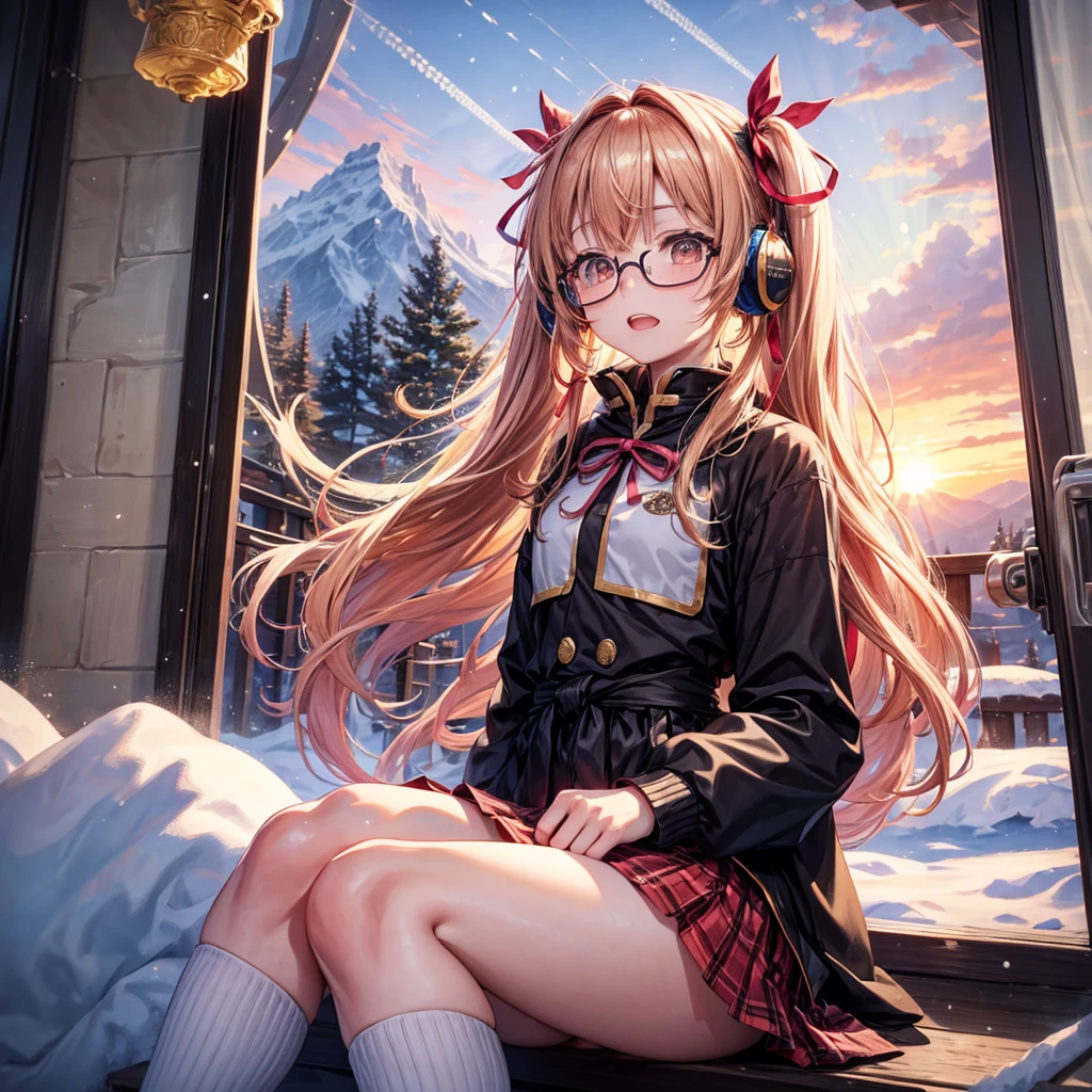 Pink gold golden hair、Golden Eyes、One good looking girl、Twin tails、solo、anime、Checkered mini skirt、The skirt has buttons、Red T-shirt、Long sleeve、China、Cape、Black knee-high socks、Wearing headphones、Wearing a ribbon、Ribbon on waist、Tilting face、Teeth are visible、Sunset sky、The rocks are exploding、Snow is piled up、Rocky Mountain、The clouds are breaking through、Contrail、Glasses、Behind him is a giant World Tree piercing the clouds.、Sitting、Automatic door、Burning Teacup、suspension bridge