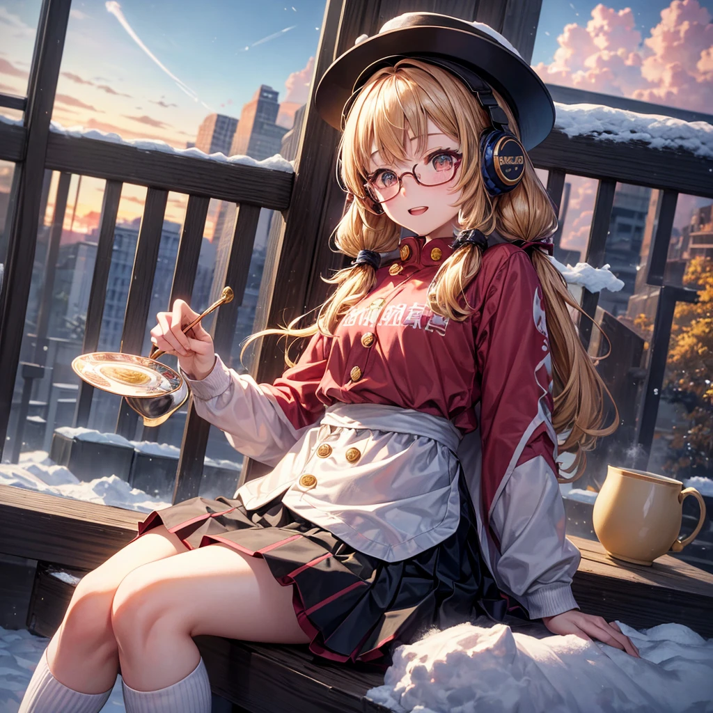 Pink gold golden hair、Golden Eyes、One good looking girl、Twin tails、solo、anime、Checkered mini skirt、The skirt has buttons、Red T-shirt、Long sleeve、China、Cape、Black knee-high socks、Wearing headphones、Wearing a ribbon、Ribbon on waist、Tilting face、Teeth are visible、Sunset sky、The rocks are exploding、Snow is piled up、Rocky Mountain、The clouds are breaking through、Contrail、Glasses、Behind him is a giant World Tree piercing the clouds.、Sitting、Automatic door、Burning Teacup、suspension bridge