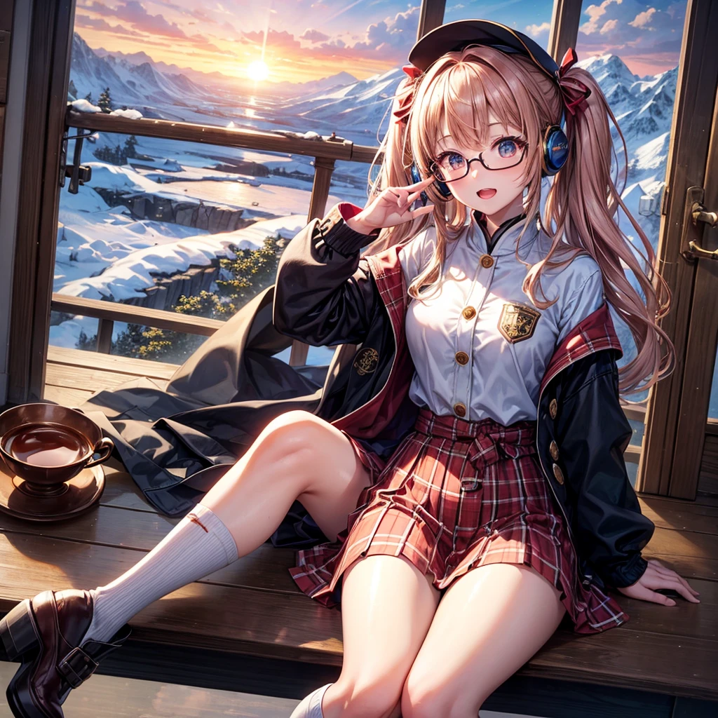 Pink gold golden hair、Golden Eyes、One good looking girl、Twin tails、solo、anime、Checkered mini skirt、The skirt has buttons、Red T-shirt、Long sleeve、China、Cape、Black knee-high socks、Wearing headphones、Wearing a ribbon、Ribbon on waist、Tilting face、Teeth are visible、Sunset sky、The rocks are exploding、Snow is piled up、Rocky Mountain、The clouds are breaking through、Contrail、Glasses、Behind him is a giant World Tree piercing the clouds.、Sitting、Automatic door、Burning Teacup、suspension bridge