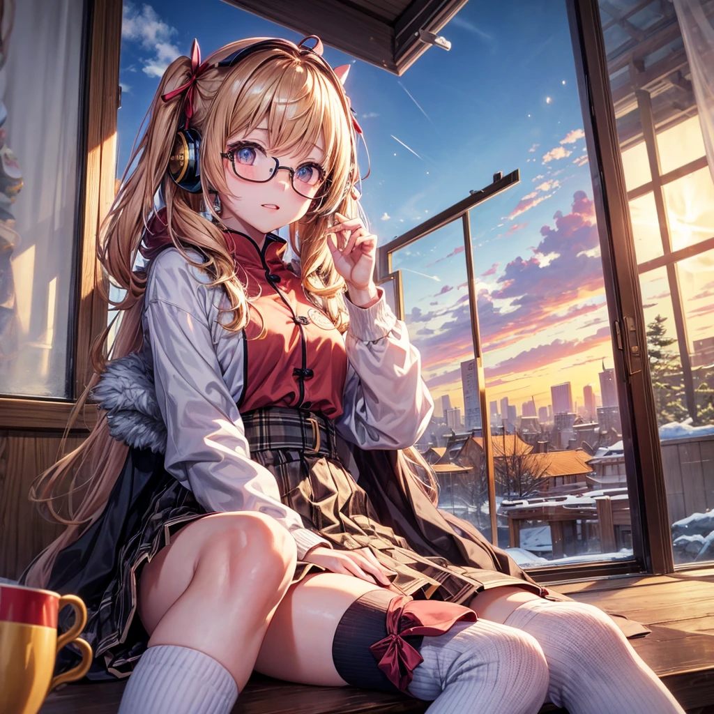 Pink gold golden hair、Golden Eyes、One good looking girl、Twin tails、solo、anime、Checkered mini skirt、The skirt has buttons、Red T-shirt、Long sleeve、China、Cape、Black knee-high socks、Wearing headphones、Wearing a ribbon、Ribbon on waist、Tilting face、Teeth are visible、Sunset sky、The rocks are exploding、Snow is piled up、Rocky Mountain、The clouds are breaking through、Contrail、Glasses、Behind him is a giant World Tree piercing the clouds.、Sitting、Automatic door、Burning Teacup、suspension bridge