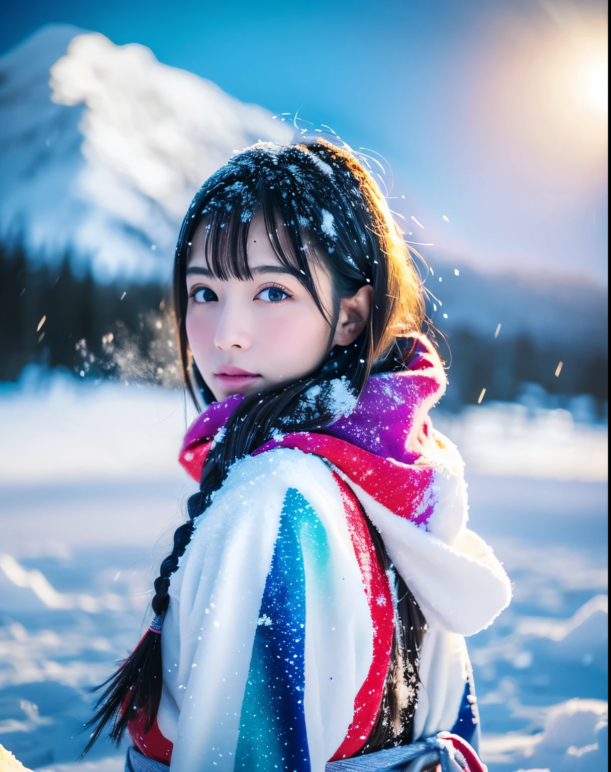 (highest quality, 8k, High resolution, masterpiece:1.5, ), Beautiful Japanese Girl, Snow Girl, 20-year-old, Perfect Human Anatomy, Big magic eye, Serious expression, Detail of windblown black hair, Long hair that shines like the aurora, Asymmetrical bangs, Smooth and soft white skin, ((White kimono)), High-quality fabric, (Colorful glowing snow effect:1.3), ((Snowy mountains in a blizzard)), Professional Lighting, Professional Photographer, Professional Model