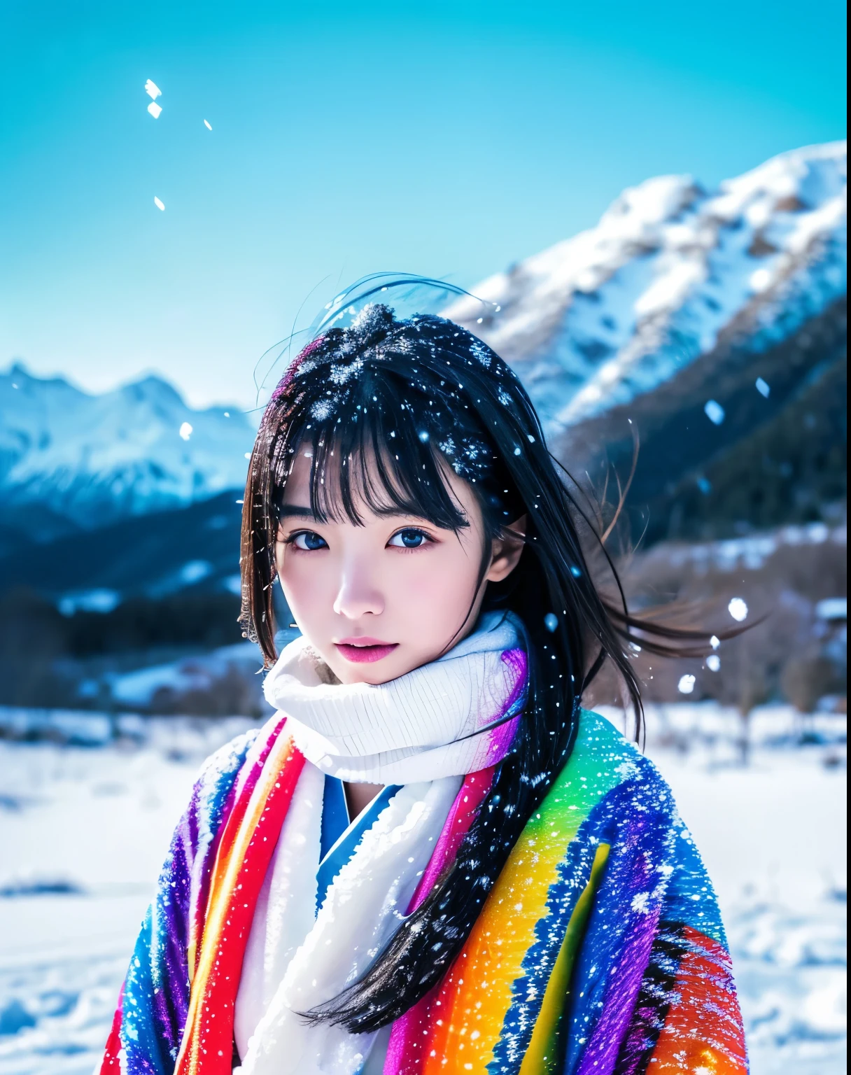 (highest quality, 8k, High resolution, masterpiece:1.5, ), Beautiful Japanese Girl, Snow Girl, 20-year-old, Perfect Human Anatomy, Big magic eye, Serious expression, Detail of windblown black hair, Long hair that shines like the aurora, Asymmetrical bangs, Smooth and soft white skin, ((White kimono)), High-quality fabric, (Colorful glowing snow effect:1.3), ((Snowy mountains in a blizzard)), Professional Lighting, Professional Photographer, Professional Model