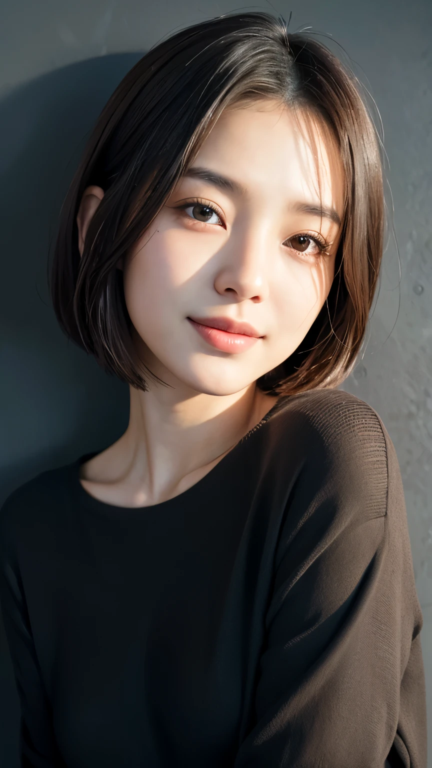 (((Close-up of face)))、(((Absolutely shoulder-length brown straight short bob)))、(((She is posing like a hair salon model, with a black wall indoors as the background.)))、(((Casual black winter long sleeves with shoulders covered)))、Half Japanese, half Korean、18 year old girl、Standing Alone、Looking forward、Light eye makeup、Brown Hair Color、Flat and 、Hair blowing in the wind、Actress Quality、Glossy, ultra-realistic face、Smiling face、Watery eyes、Gazing Up、Subtle lighting effects、 Ultra-Realistic Capture、Very detailed、High resolution 16K close up of human skin。Skin texture must be natural、The details must be such that pores can be clearly seen、The skin is healthy、Uniform tone、Use natural light and colors、A worn-out, high-quality photo taken by a model agency&#39;s in-house photographer.、smile、(((SIGMA 300 mm F/1.4,1/1000 sec shutter,ISO 400))) 