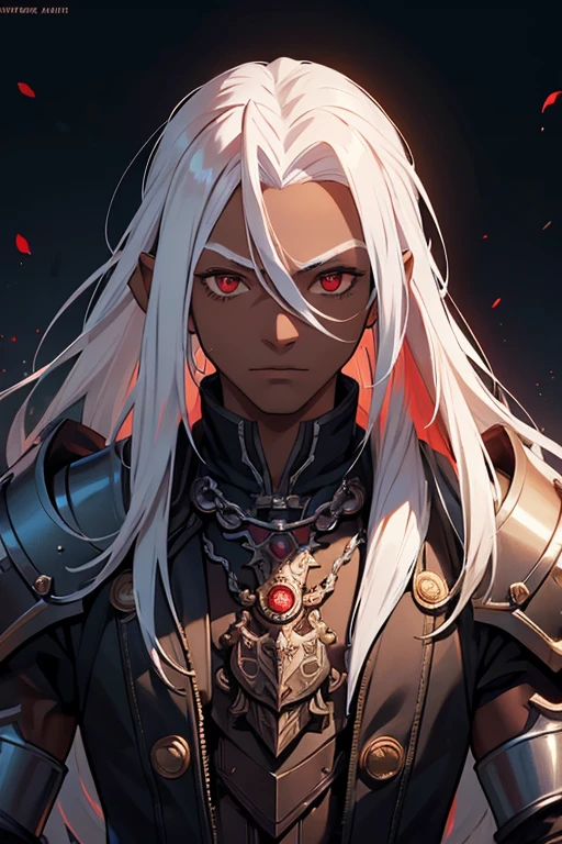 ((best quality)), ((masterpiece)), (detailed), ((boy)), (steampunk), human, upper body, portrait, red eyes, long white hair, Xemnas from Kingdom Hearts, half-drow, dark skinned, (full knight armor), paladin