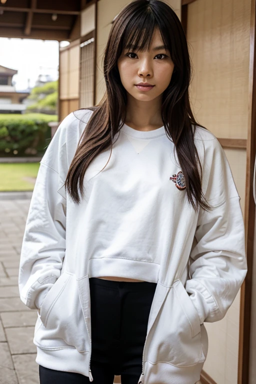 japanese woman wearing a big sweatshirt