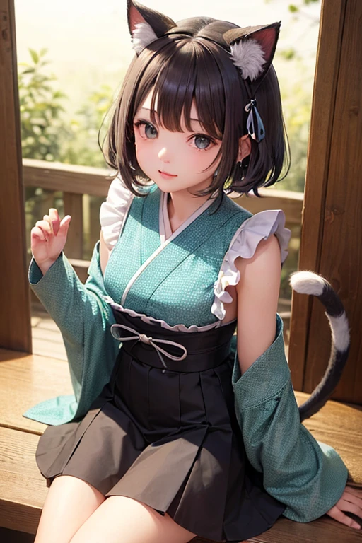 masterpiece, highest quality, One girl, Aqua Eye, Gray Hair, Mouth closed, Earrings, Long-sleeved kimono,Paw pattern、Cat pattern、 mini skirt、Frills、ribbon、short hair, A lock of brown hair、Cat ear、Three-haired cat、tail
