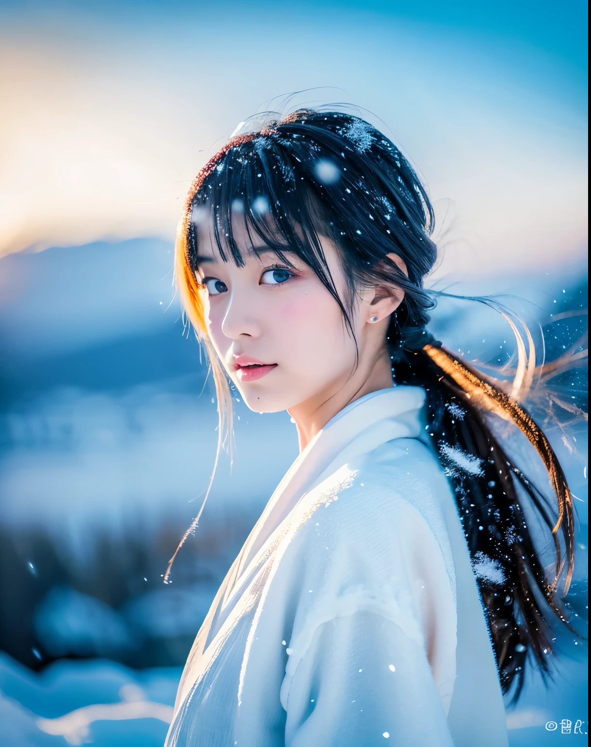 (highest quality, 8k, High resolution, masterpiece:1.5, ), Beautiful Japanese Girl, Snow Girl, 20-year-old, Perfect Human Anatomy, Big magic eye, Serious expression, Detail of windblown black hair, Long hair that shines like the aurora, Asymmetrical bangs, Smooth and soft white skin, ((White kimono)), High-quality fabric, (Colorful glowing snow effect:1.3), ((Snowy mountains in a blizzard)), Professional Lighting, Professional Photographer, Professional Model