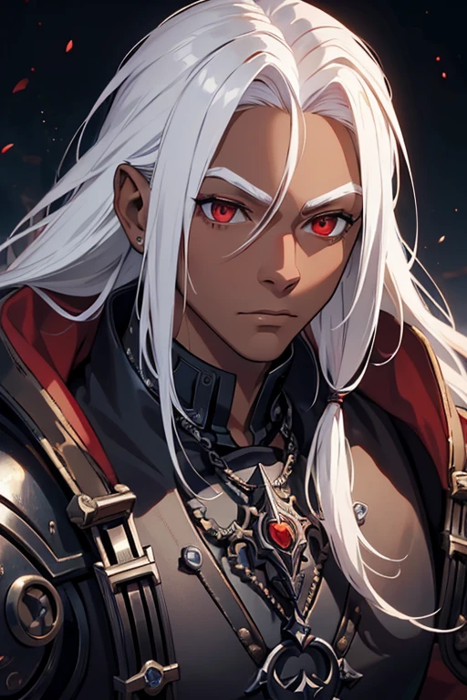 ((best quality)), ((masterpiece)), (detailed), ((boy)), (steampunk), human, upper body, portrait, red eyes, long white hair, Xemnas from Kingdom Hearts, half-drow, dark skinned, (full knight armor), paladin