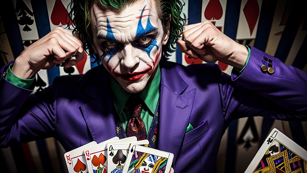 The image is a colorful portrait of the Joker, a well-known character from the DC universe. He is depicted holding a deck of cards, with two joker cards visible. The background is a complex mosaic of patterns and images. A vibrant and captivating portrait of the notorious Joker from the DC universe. He is dressed in his iconic purple suit with a green shirt and tie, and his face is painted with his signature grotesque makeup. He is holding a deck of cards, with two jester cards prominently displayed. The background is a chaotic mosaic of patterns and images, reflecting the Joker's unpredictable and anarchic nature. The overall atmosphere of the piece is dark and eerie, with a touch of madness and chaos.