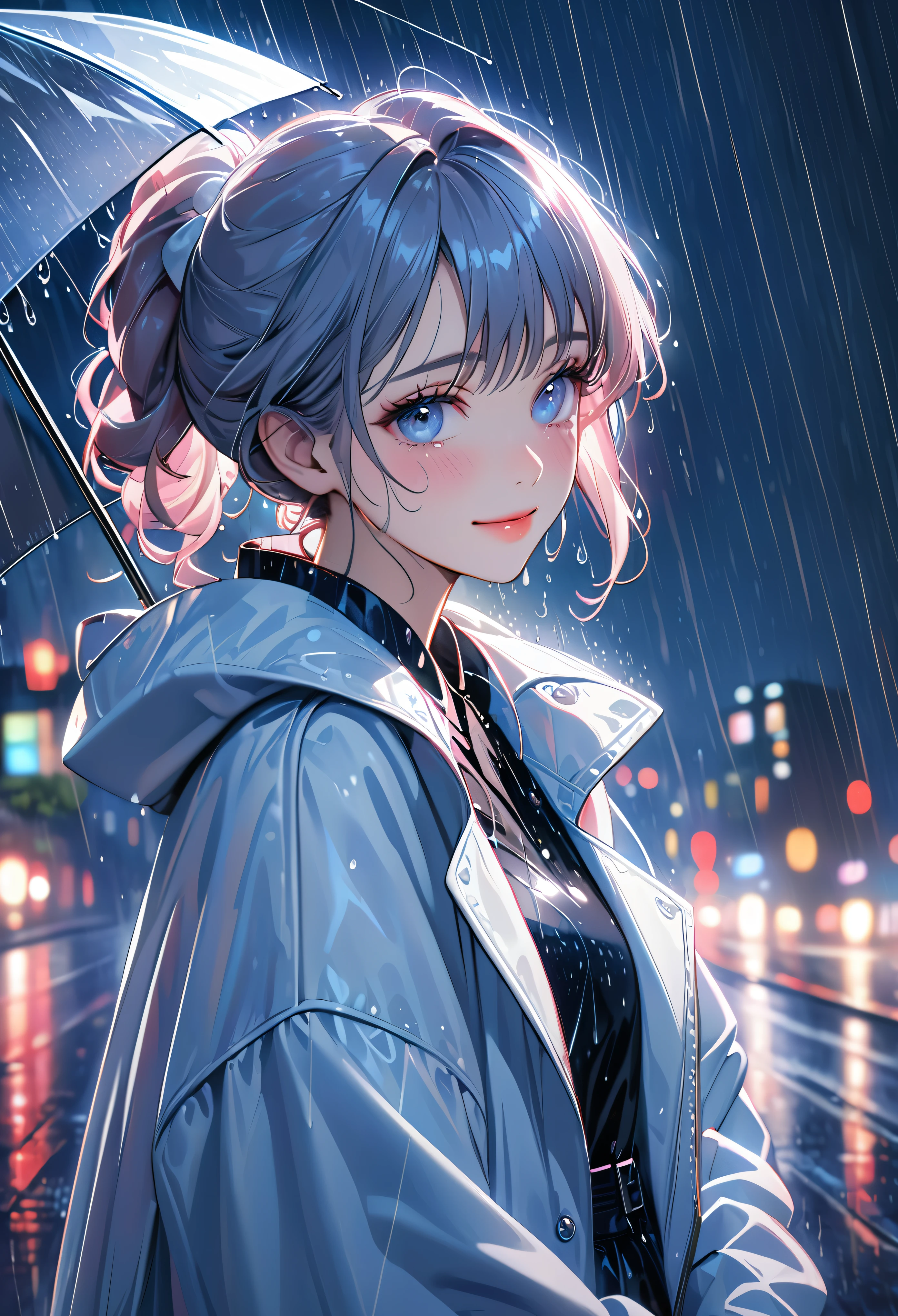 One girl,City of night,rain,coat,Put your hands in your pockets,best quality, highres, ultra-detailed, realistic:1.37, Close to cold colors,reduce saturation, portrait, soft lighting, long eyelashes, sparkling eyes, glossy lips, detailed skin, retro pattern, pastel colors, ((smile while crying1.2)), ((shedding tears:2.0),, ((sad look:1.8)),, dreamy atmosphere, elegant pose, nostalgic vibes, glittering highlights, flawless complexion, 80s style fashion, retro hairdo, pink blush, delicate features, diamond-like eyes,((rain squall:2.8)),((intersection))((high rise residential building Dark city silhouette background:2.0))
