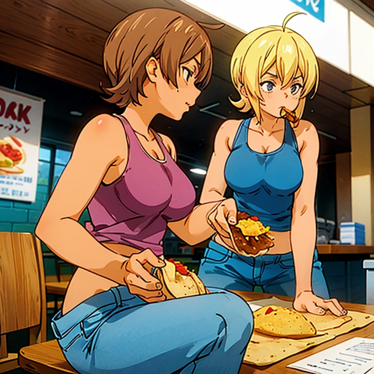 A woman in a tank top and slim jeans eating a taco at a taco shop　The cola is on the table　Large Breasts　Big Ass