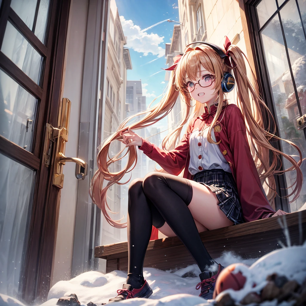 Pink gold golden hair、Golden Eyes、One good looking girl、Twin tails、solo、anime、Checkered mini skirt、The skirt has buttons、Red T-shirt、Long sleeve、China、Cape、Black knee-high socks、Wearing headphones、Wearing a ribbon、Ribbon on waist、Tilting face、Teeth are visible、Sunset sky、The rocks are exploding、Snow is piled up、Rocky Mountain、The clouds are breaking through、Contrail、Glasses、Behind him is a giant World Tree piercing the clouds.、Sitting、Automatic door、Burning Teacup、suspension bridge