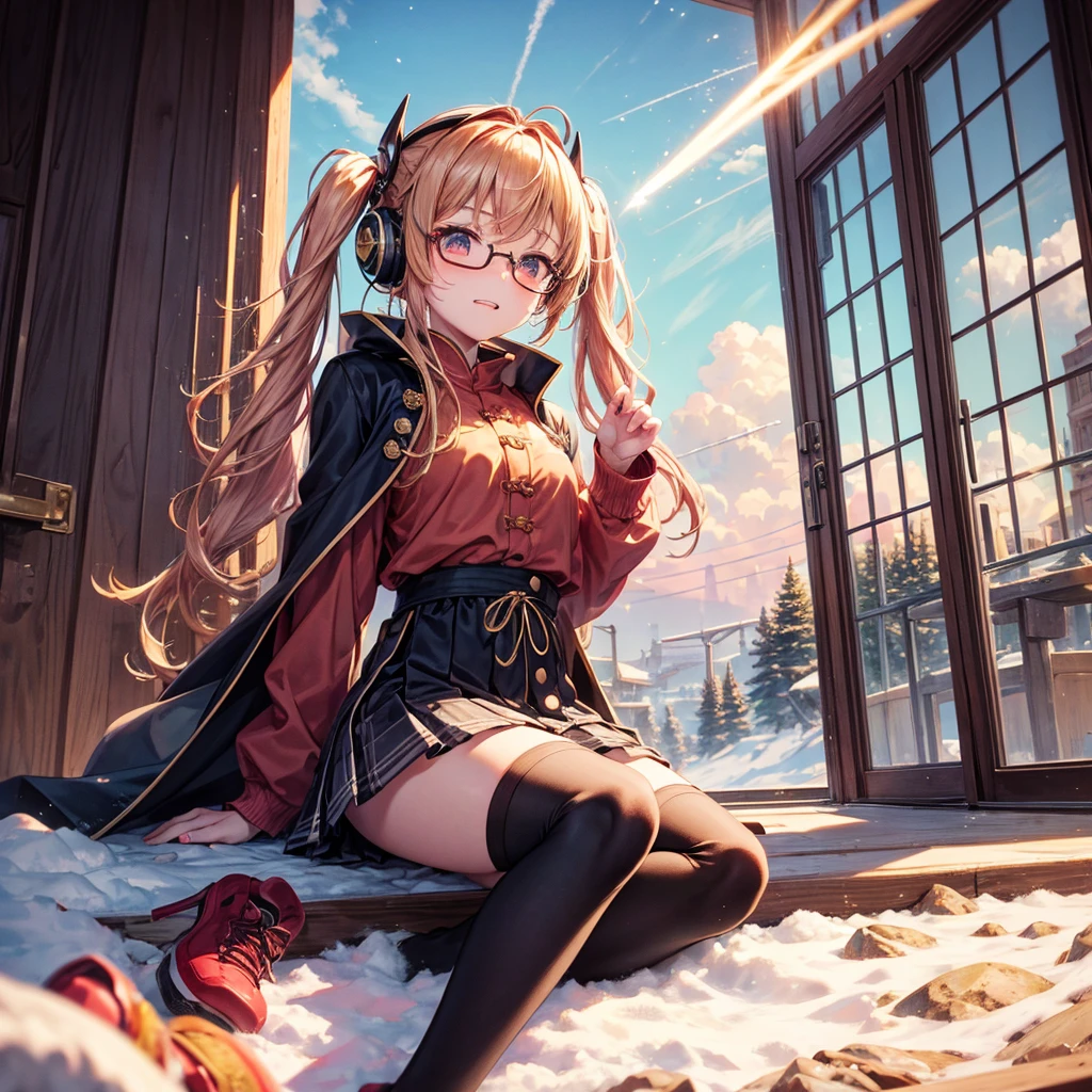 Pink gold golden hair、Golden Eyes、One good looking girl、Twin tails、solo、anime、Checkered mini skirt、The skirt has buttons、Red T-shirt、Long sleeve、China、Cape、Black knee-high socks、Wearing headphones、Wearing a ribbon、Ribbon on waist、Tilting face、Teeth are visible、Sunset sky、The rocks are exploding、Snow is piled up、Rocky Mountain、The clouds are breaking through、Contrail、Glasses、Behind him is a giant World Tree piercing the clouds.、Sitting、Automatic door、Burning Teacup、suspension bridge