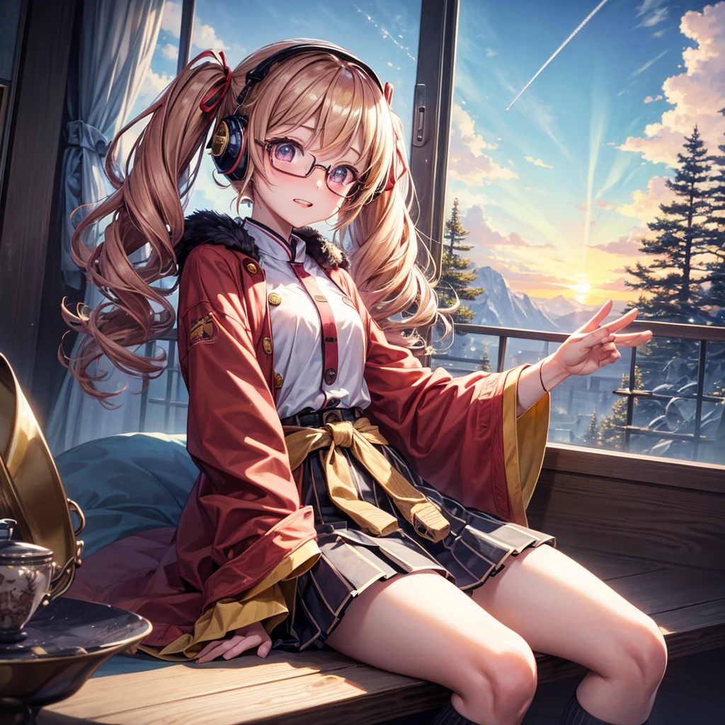 Pink gold golden hair、Golden Eyes、One good looking girl、Twin tails、solo、anime、Checkered mini skirt、The skirt has buttons、Red T-shirt、Long sleeve、China、Cape、Black knee-high socks、Wearing headphones、Wearing a ribbon、Ribbon on waist、Tilting face、Teeth are visible、Sunset sky、The rocks are exploding、Snow is piled up、Rocky Mountain、The clouds are breaking through、Contrail、Glasses、Behind him is a giant World Tree piercing the clouds.、Sitting、Automatic door、Burning Teacup、suspension bridge