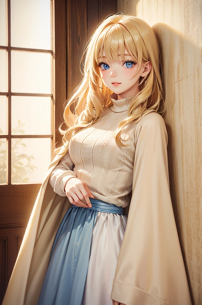 (​master piece),(top-quality:1.2),1 girl,exquisite details,Ultra-detailed,Vibrant colors, Soft tones, With warm and gentle lighting,ponytale blonde hair,Glowing hair,(blue eyes:1.3),beautiful detailed eyes,pale skin,A gentle feeling overflows, Warm golden glow,cowboy shot,An atmosphere full of happiness and laughter,A style that combines romanticism and realism,depth of love,color palettes,Create an ethereal atmosphere like a dream,Soft and diffuse lighting,masterpiece artwork, girl standing against a wall wearing a beige dress, Beige,soft knit dress, with cape, beige colors,multilayered outfit