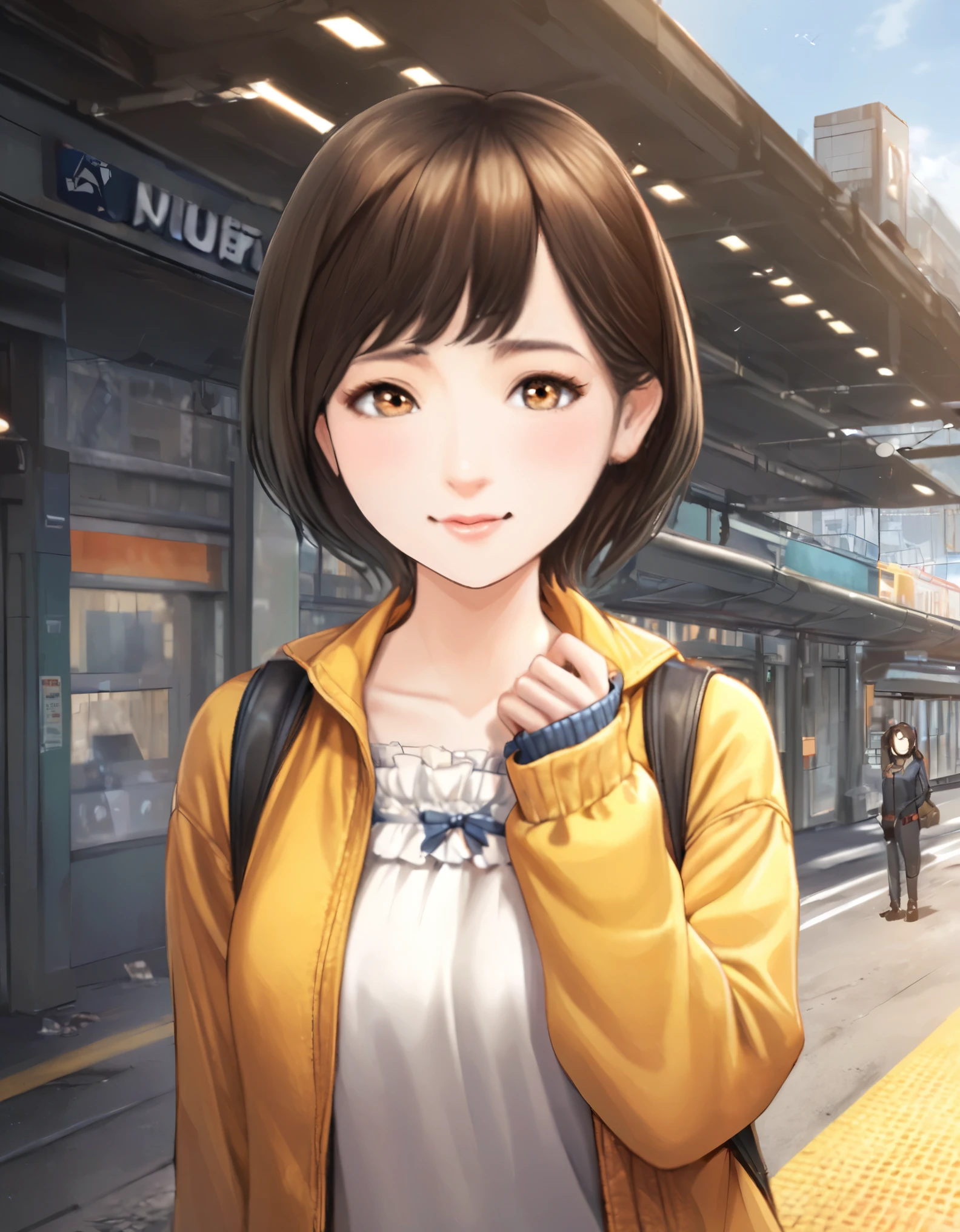 (best quality:1.2), 1girl, break, In front of the station, morning