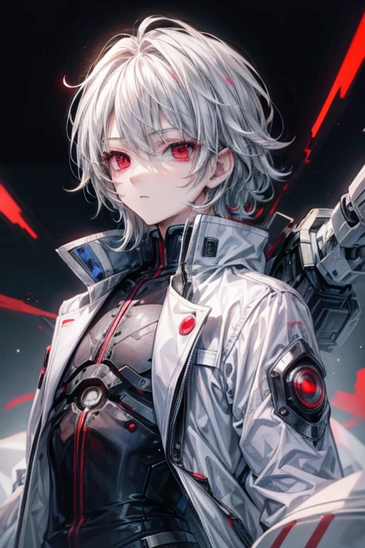 (masterpiece, best quality, perfect face, expressive eyes), 1boy, (anime), (adult), white hair, red eyes, blank eyes, (cyborg eye), white scientist coat,